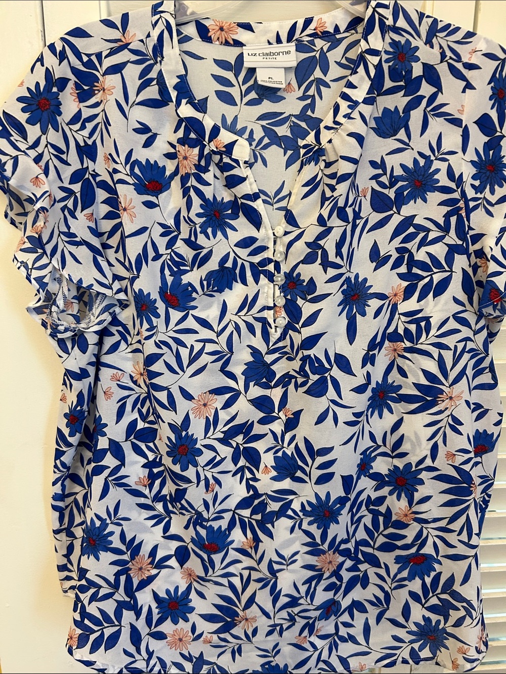 Liz Claiborne Blue and Peach Floral Short Sleeve Blouse